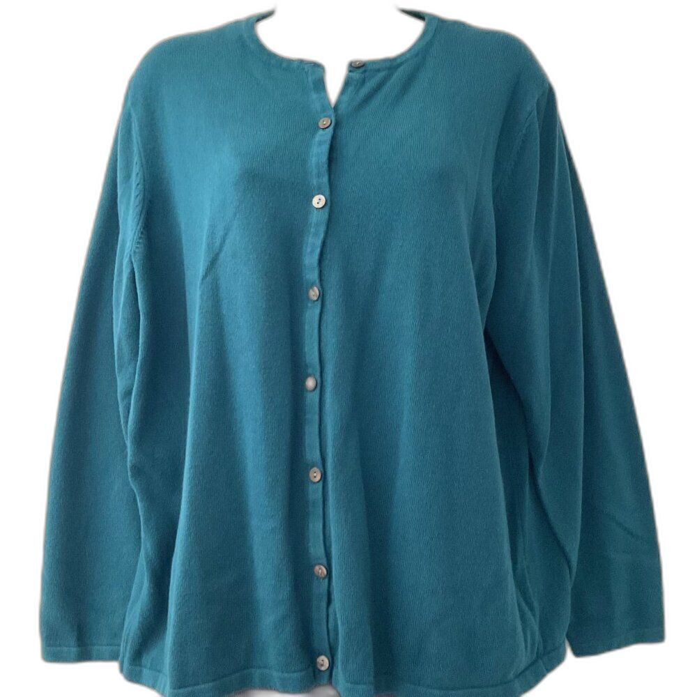 Vintage LIZ BAKER Plus 1X Teal Turquoise Cotton Blend Knit Button Cardigan Sweat